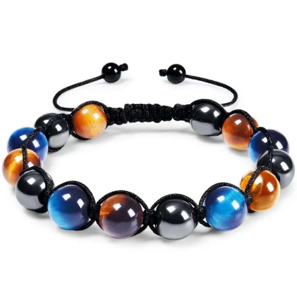 10mm Triple Protection Drawstring Bracelet Hematite Black Agate Tigers Eye Stone